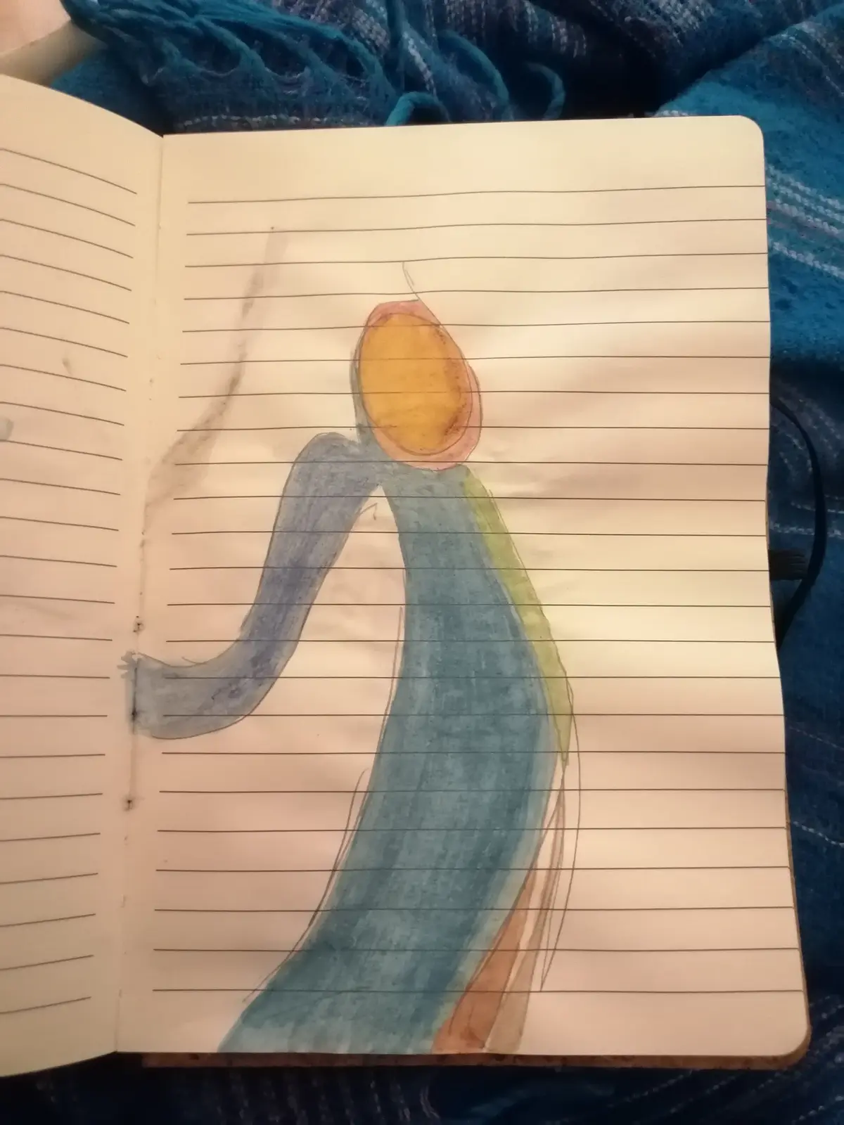 A hand-drawn, abstract figure with a yellow oval head and a blue-green body is sketched on lined notebook paper. The figure…