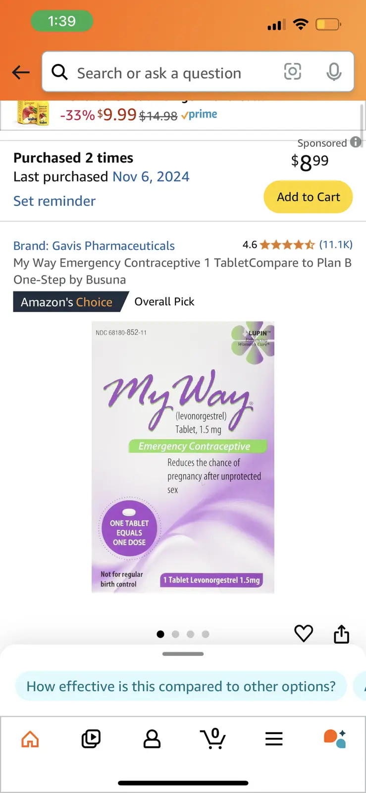An Amazon product page for 'My Way' emergency contraceptive, showing the packaging, price ($8.99), brand (Gavis…