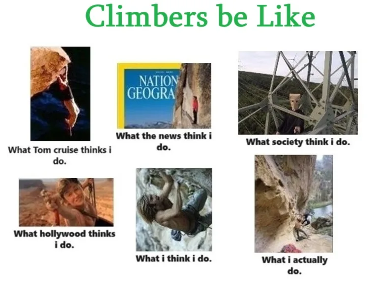 A meme grid with six images: Tom Cruise in a dramatic climb, a National Geographic cover with a climber, a masked person on…