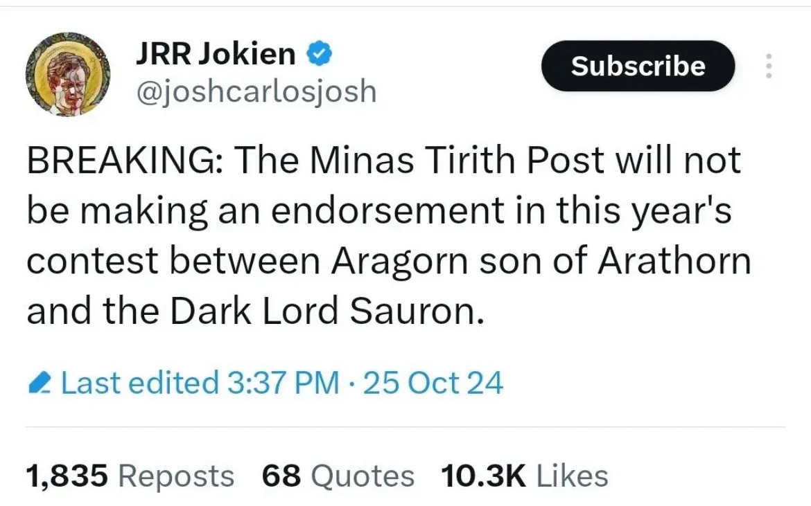 A screenshot of a Twitter post by user JRR Jokien (@joshcarlosjosh) that reads 'BREAKING: The Minas Tirith Post will not be…