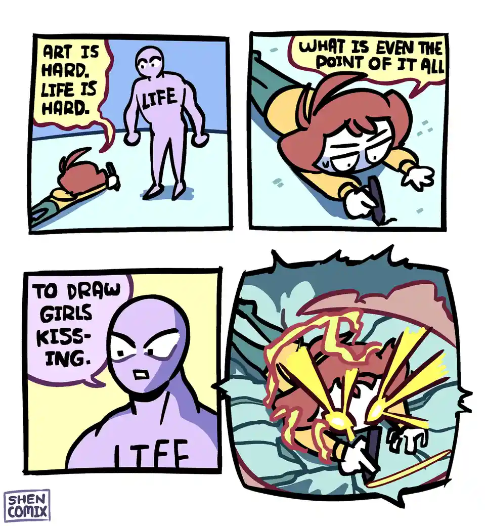 A four-panel comic shows a character labeled 'LIFE' telling an artist that both art and life are hard. The artist…