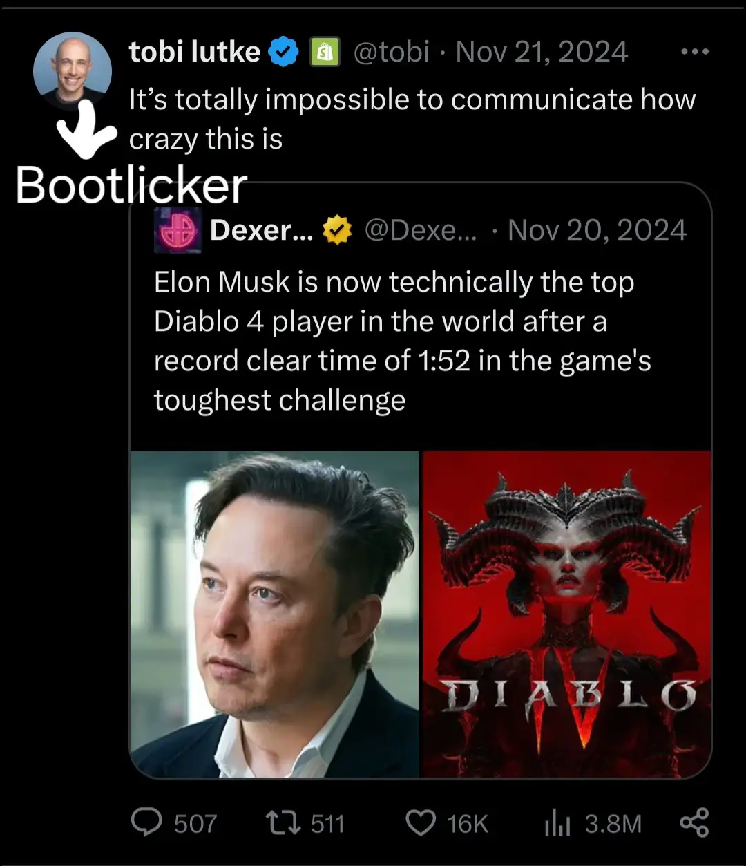 The image shows a screenshot of a tweet by Tobi Lutke reacting to a tweet from 'Dexter' that claims Elon Musk is now the top…