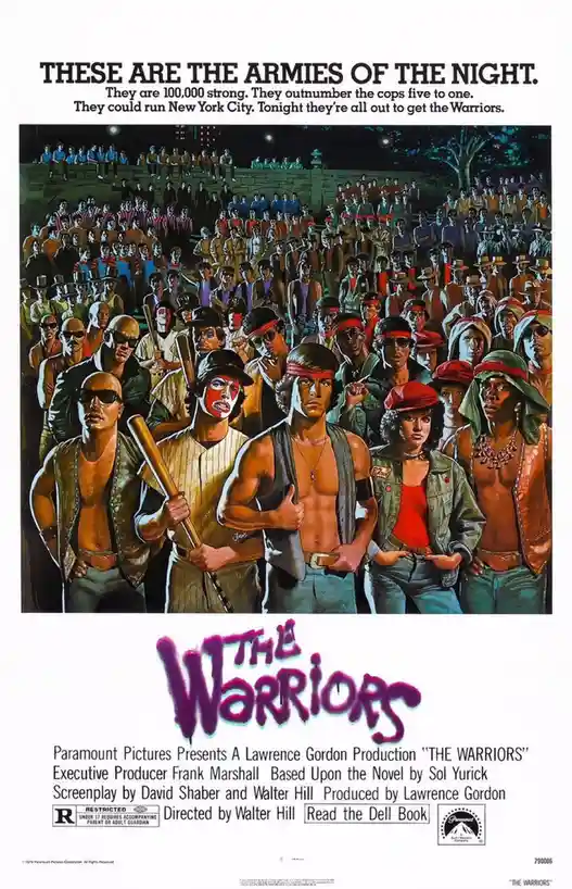 This is a movie poster for 'The Warriors' featuring a large crowd of stylized, diverse street gang members in 1970s attire…