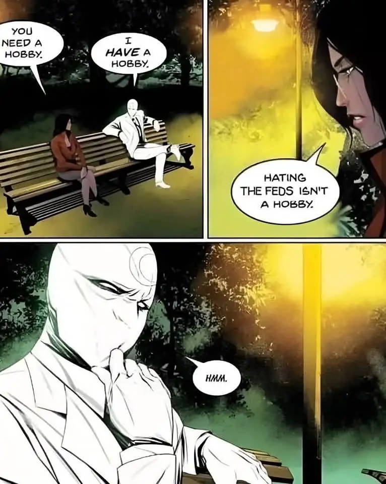 A comic panel shows a woman suggesting a hobby to a man in a white suit sitting on a park bench. He replies he has a hobby…