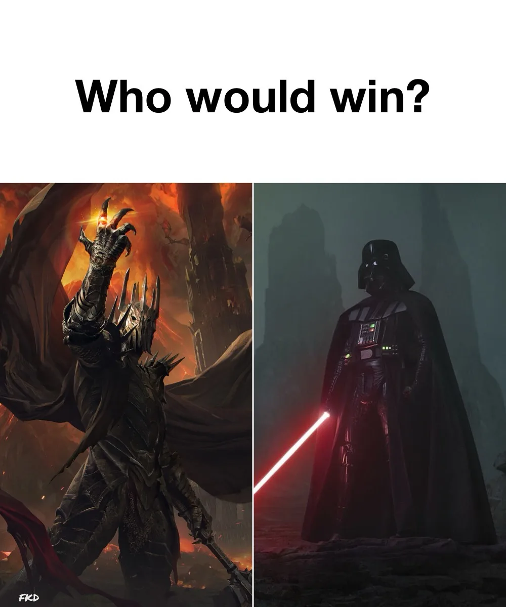 The image is split into two panels. The left panel shows Sauron, the Dark Lord from The Lord of the Rings, with a glowing…