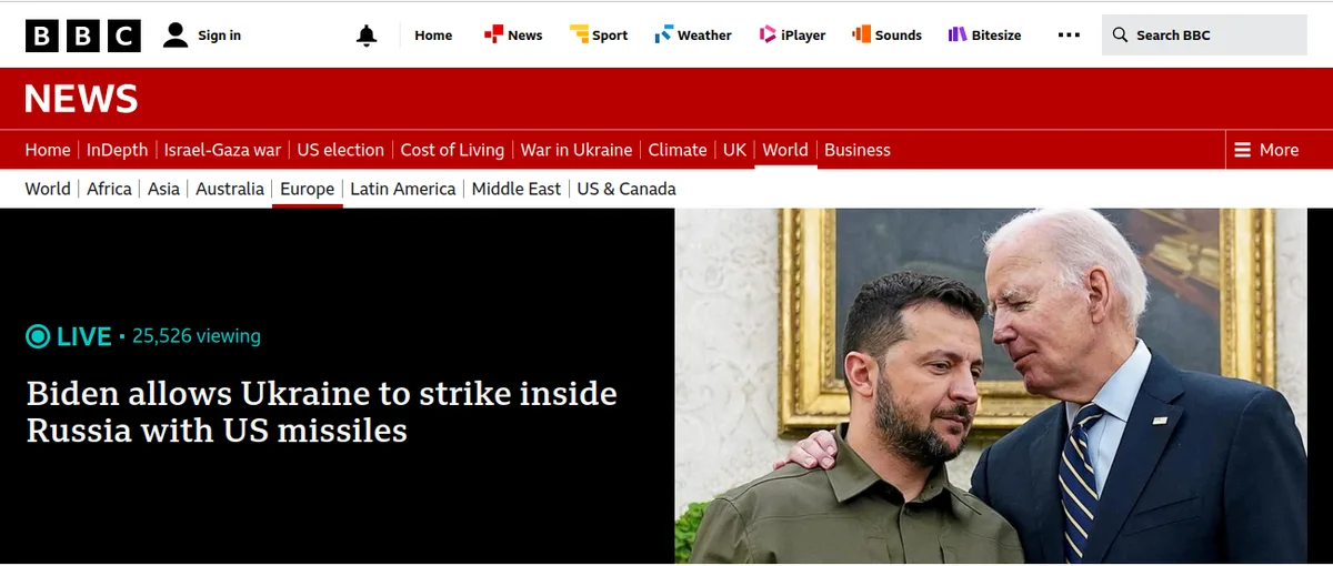 A BBC News webpage screenshot shows a headline about Biden allowing Ukraine to strike inside Russia with US missiles…