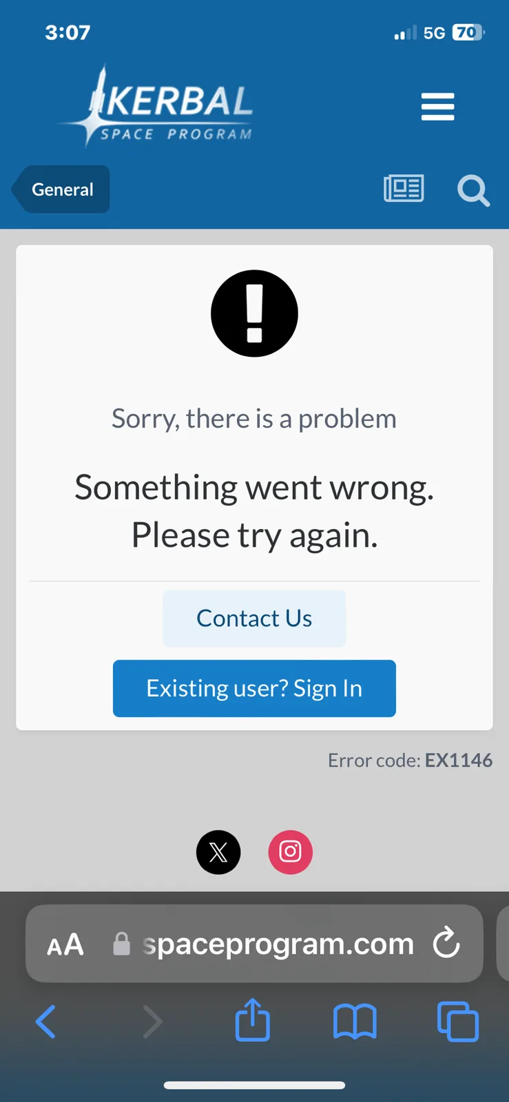 A smartphone screenshot shows a generic error message from the Kerbal Space Program website, displaying a black exclamation…