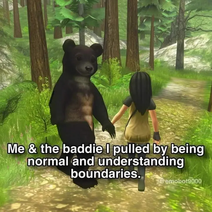 A screenshot from a video game shows a human character walking hand-in-hand with a large black bear along a forest path. The…