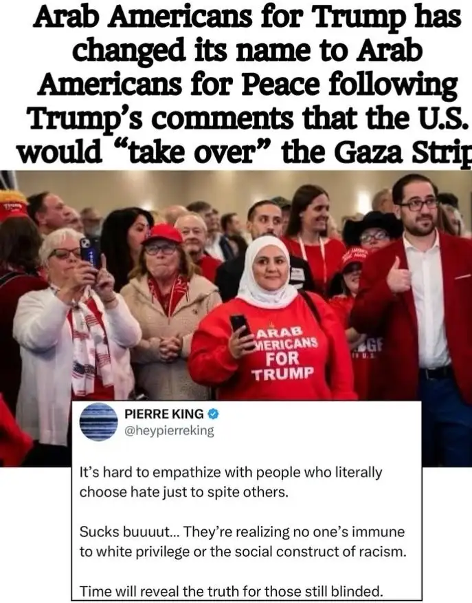 A photo shows a crowd of people, many wearing red clothing and 'Arab Americans for Trump' shirts, at what appears to be a…