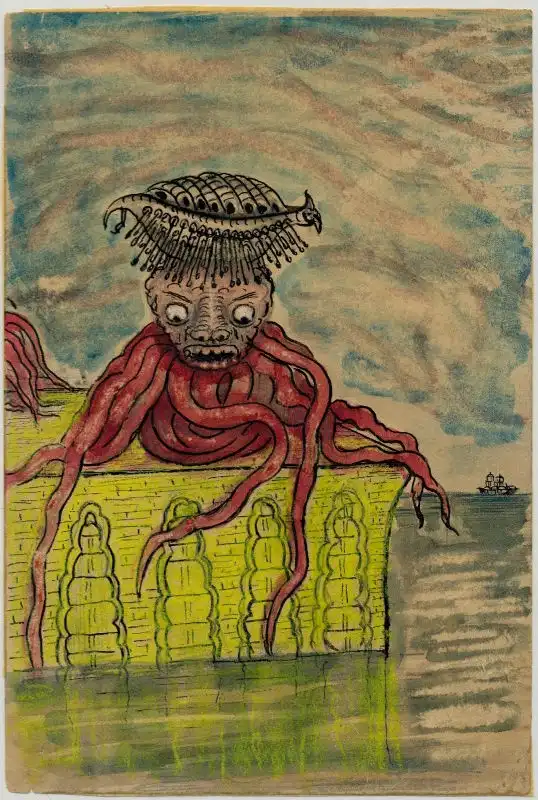 A surreal, hand-drawn illustration depicts a grotesque, red-skinned, multi-limbed creature with a fish-like headpiece…