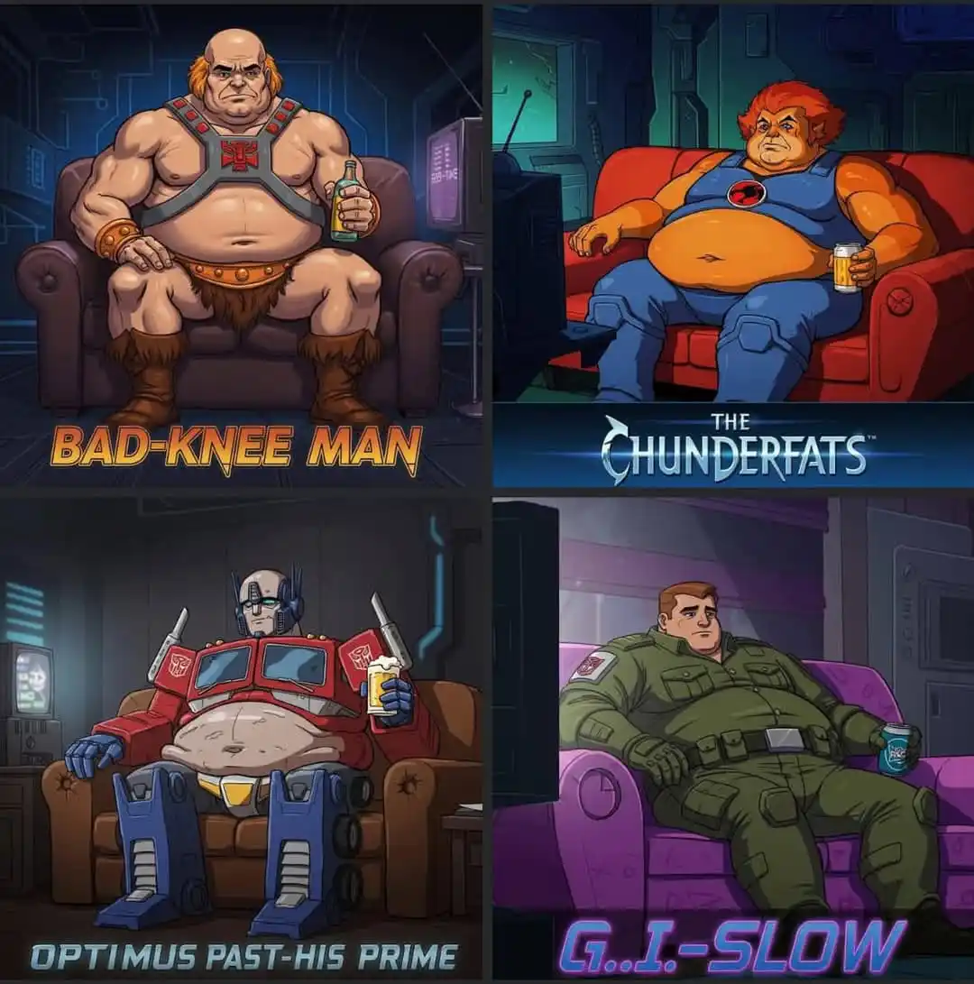 A four-panel meme showing four fictional characters—Bad-Knee Man, The Chunderfats, Optimus Past-His Prime, and…
