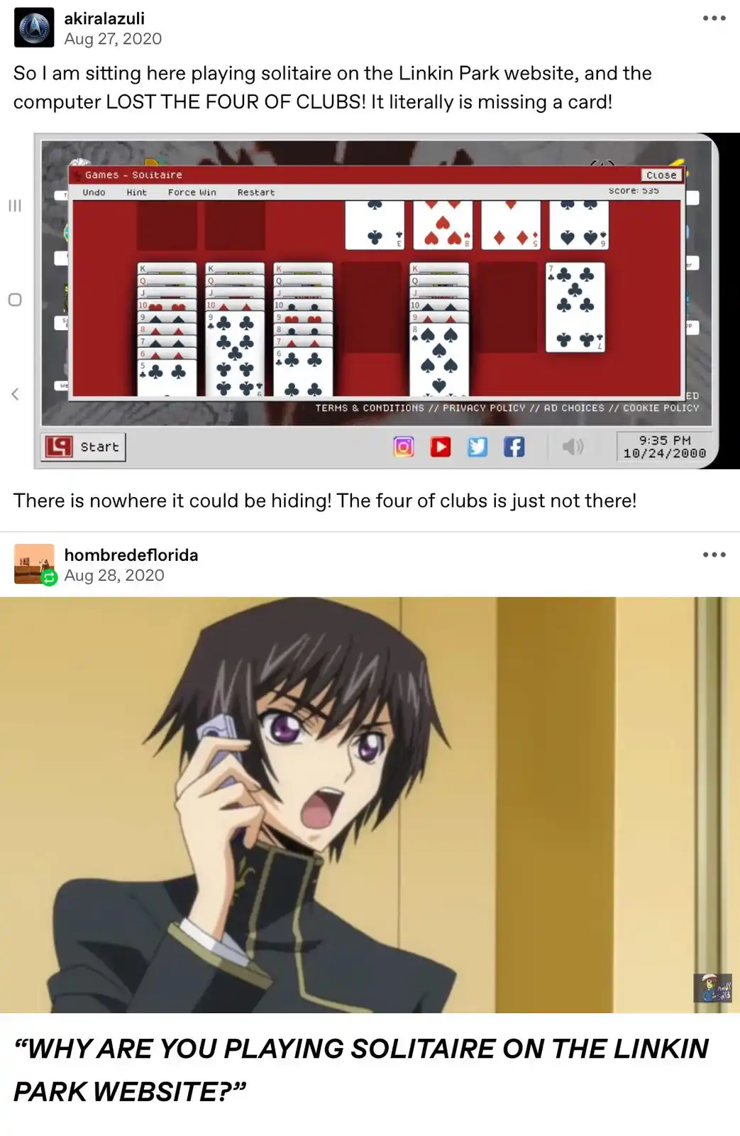 The image shows a screenshot of a solitaire game on the Linkin Park website with the four of clubs visibly missing from the…