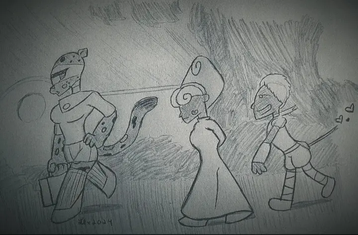 A pencil sketch shows three cartoon characters walking together: a robot-like figure on the left, a tall woman in a dress in…