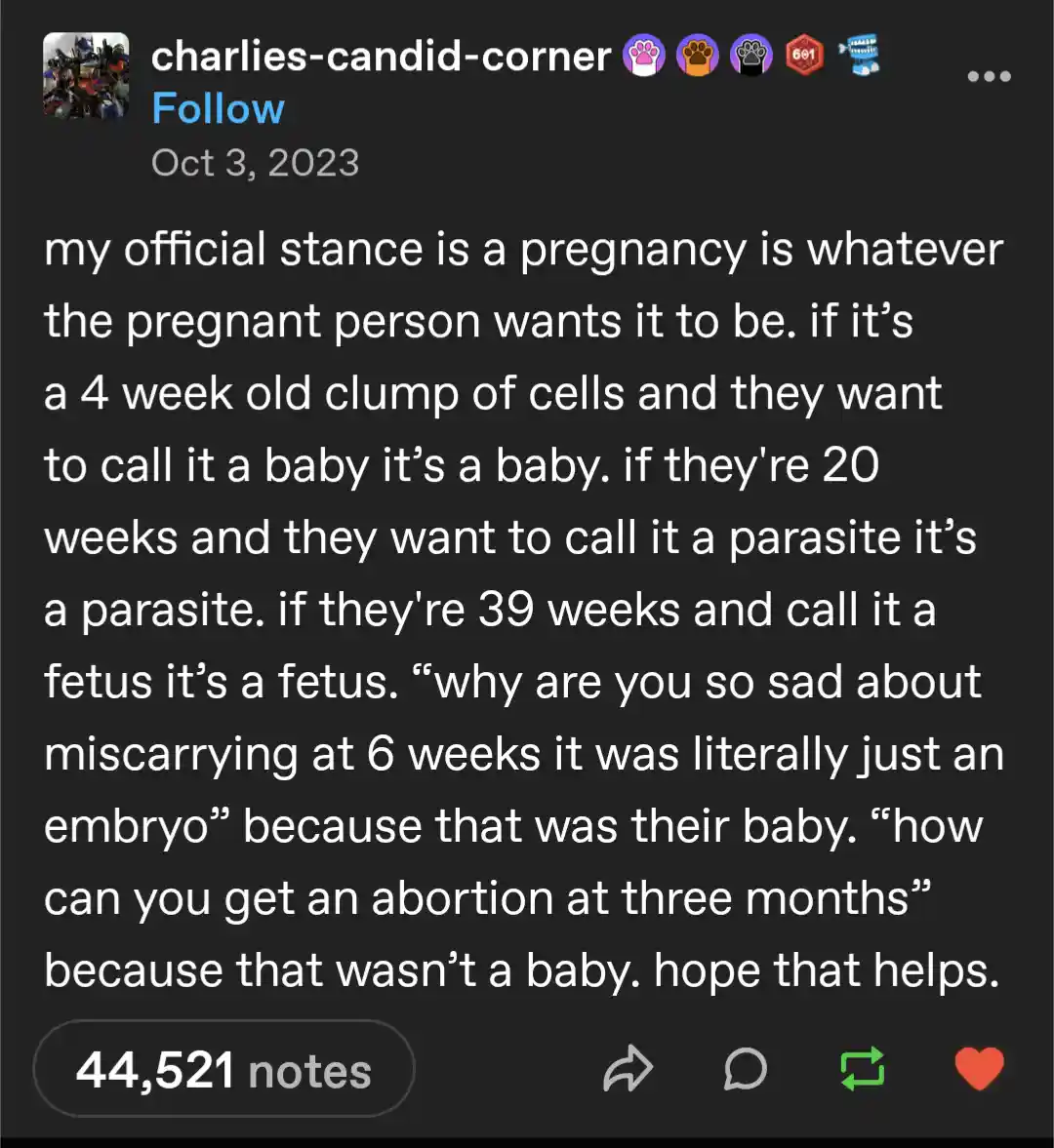 A screenshot of a social media post with white text on a dark background. The text outlines a person's 'official stance'…