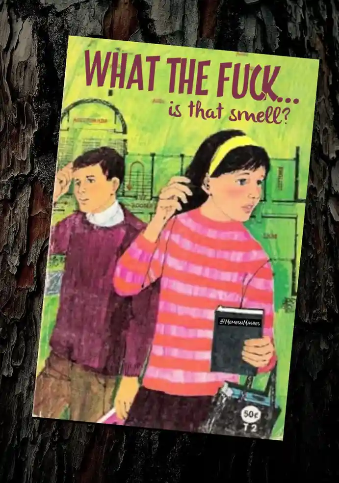 An illustration of two children, a boy in a purple sweater and a girl in a pink striped shirt holding a book and purse…