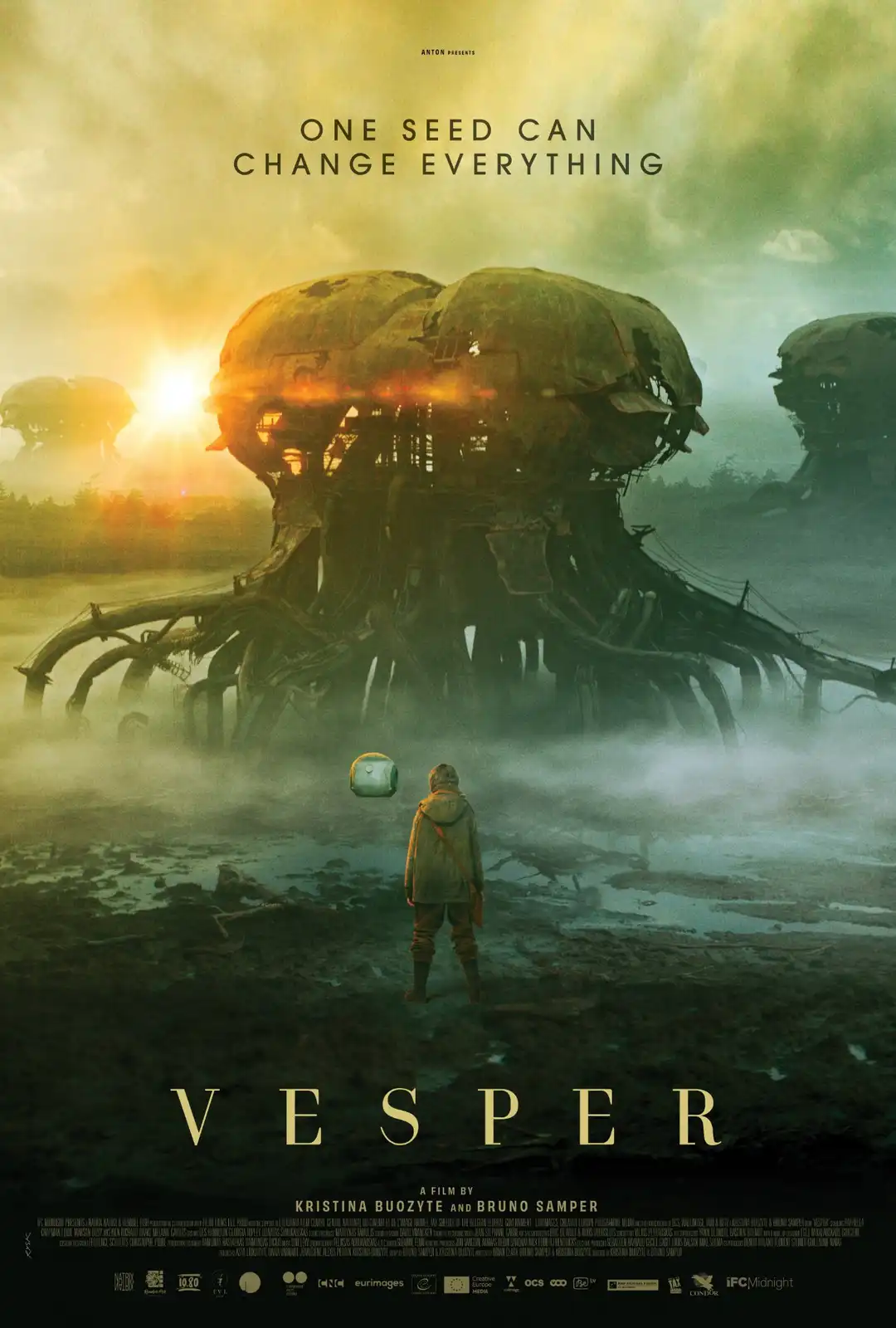 A movie poster for 'Vesper' shows a lone child in a coat standing in a misty, post-apocalyptic landscape, gazing up at…