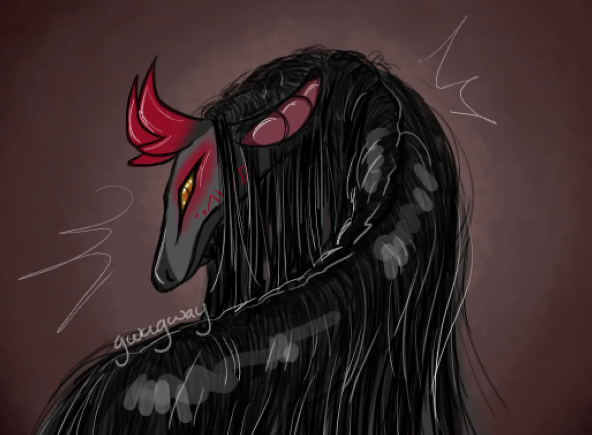 A digital drawing of a dark, demonic-looking creature with long black hair, a red horn, and glowing yellow eyes, set against…