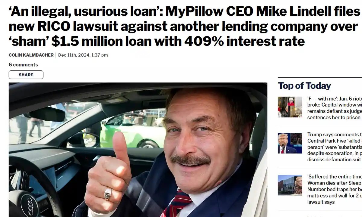 A screenshot of a news article headline about MyPillow CEO Mike Lindell suing a lending company over a loan with 409%…