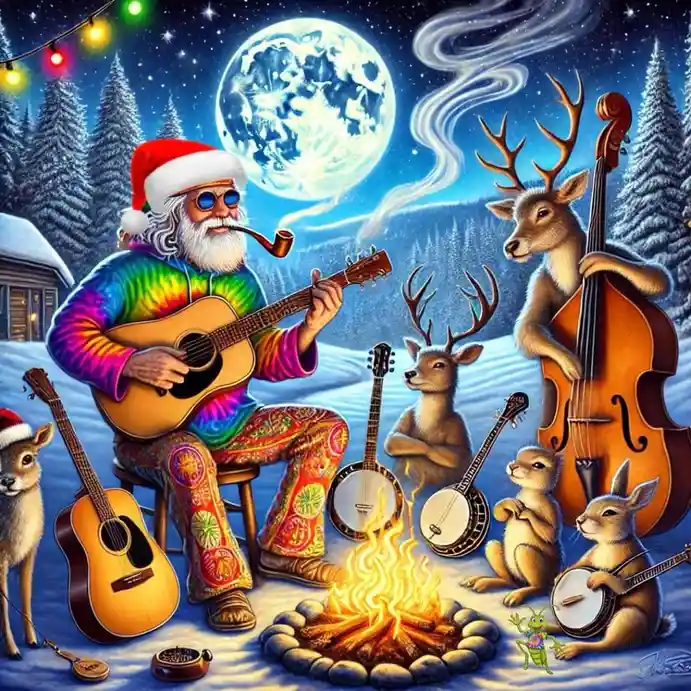 A whimsical winter scene shows Santa Claus in a tie-dye outfit and sunglasses, playing an acoustic guitar around a campfire…
