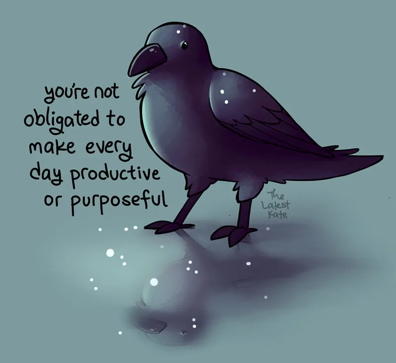 A cartoon illustration of a dark purple crow standing on a reflective surface with white sparkles around it. The crow has a…