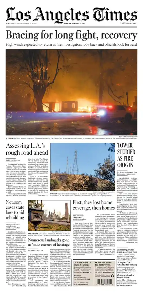 A newspaper front page from the Los Angeles Times dated January 13, 2025, features a large photo of a burned area with an…