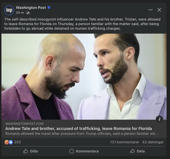 A screenshot of a Washington Post social media post showing two men, Andrew Tate and his brother Tristan, in suits looking…