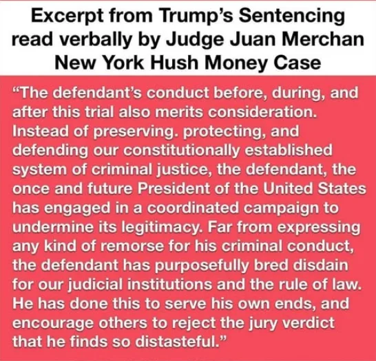 A red-background image displays a block of white text, presented as an excerpt from Judge Juan Merchan's sentencing remarks…