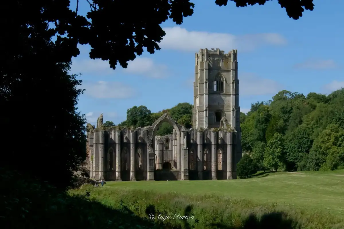 A photograph of the ruins of a large stone church under a blue sky, framed by dark tree branches in the foreground. The…