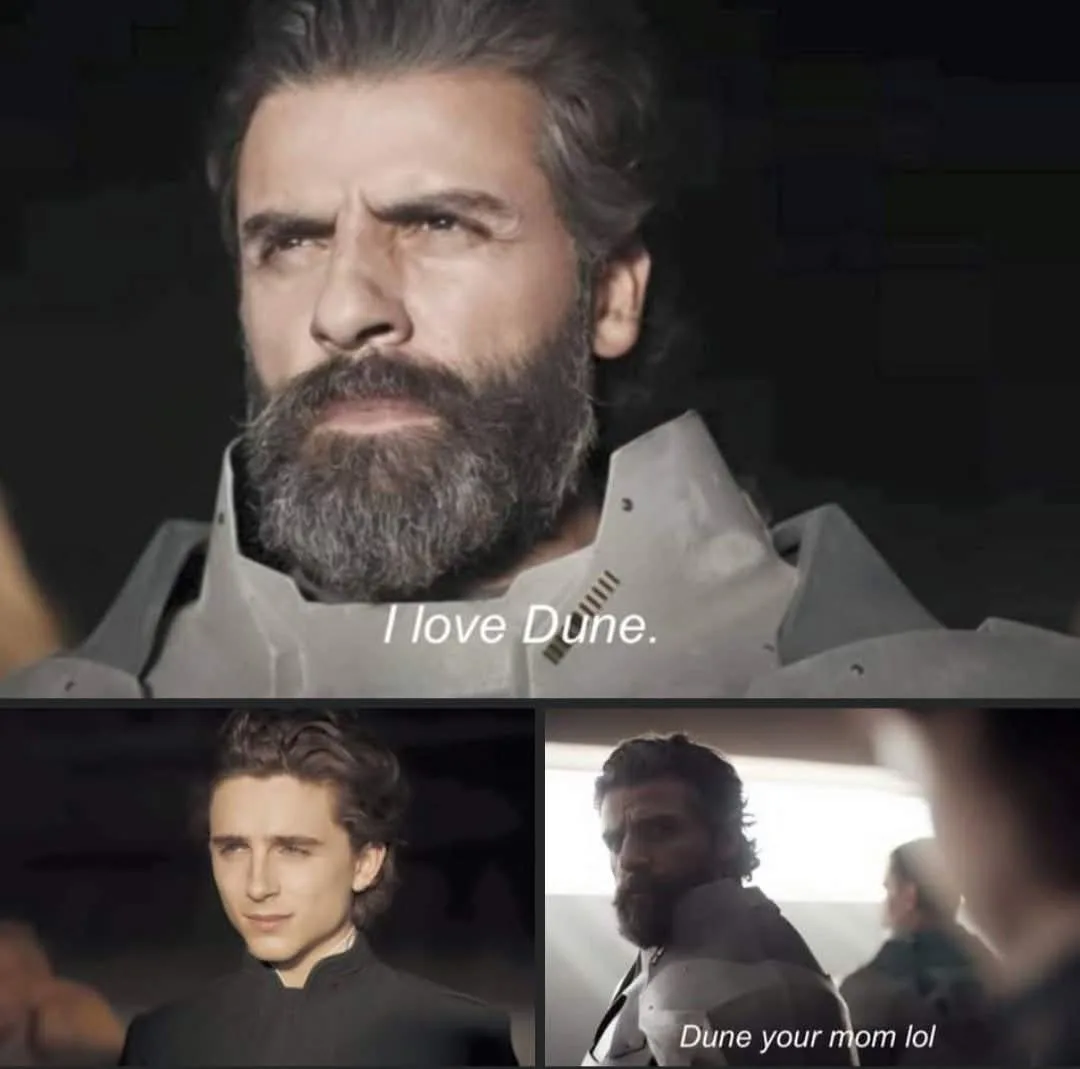 The image is a three-panel meme featuring actor Oscar Isaac as the character Paul Atreides from the movie 'Dune'. The top…