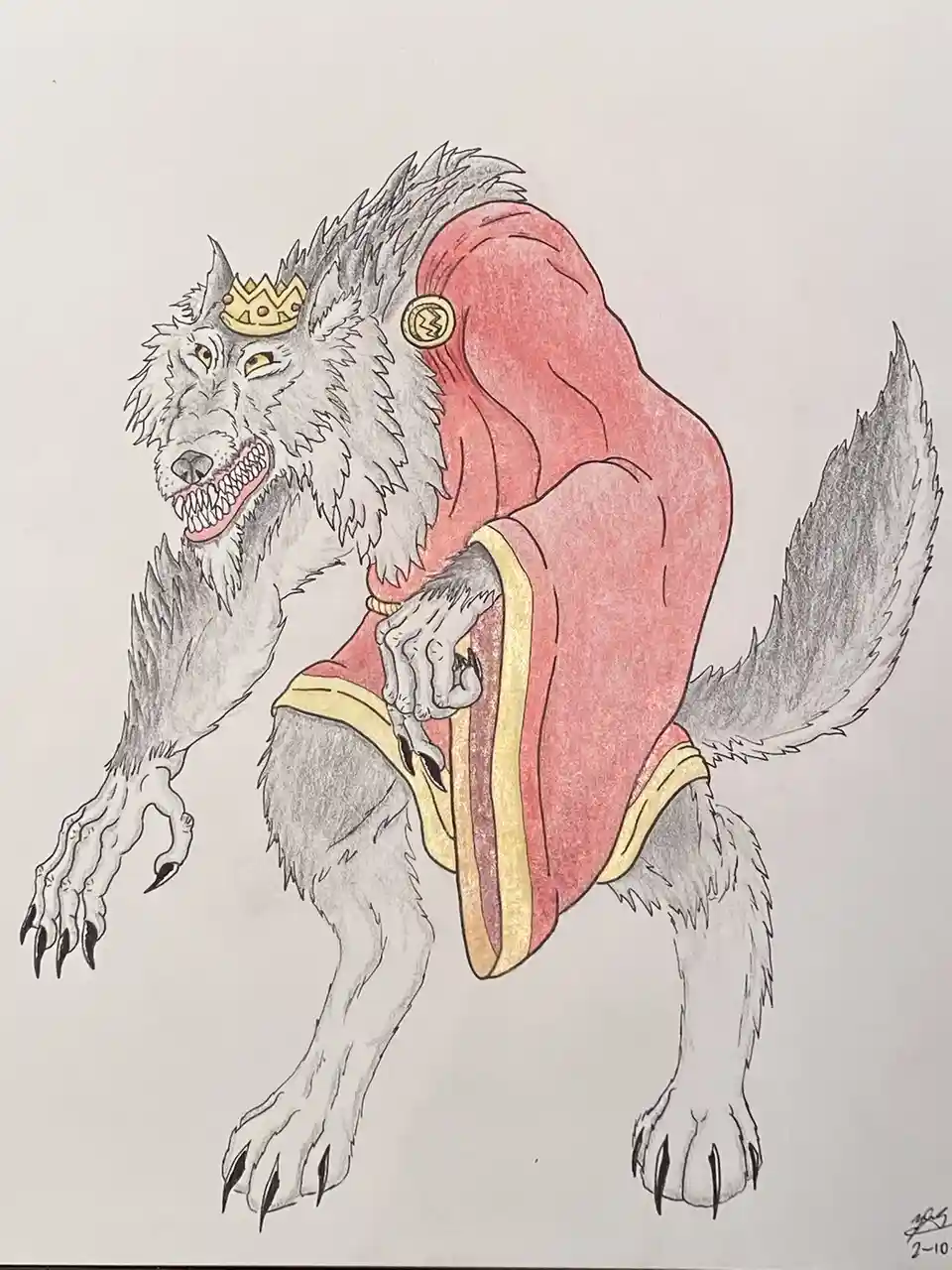 A drawing of a gray wolf wearing a gold crown and a red robe with gold trim, standing upright on two legs with a menacing…