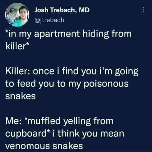 A screenshot of a tweet by Josh Trebach, MD, showing a humorous exchange where a person hiding from a killer mishears…