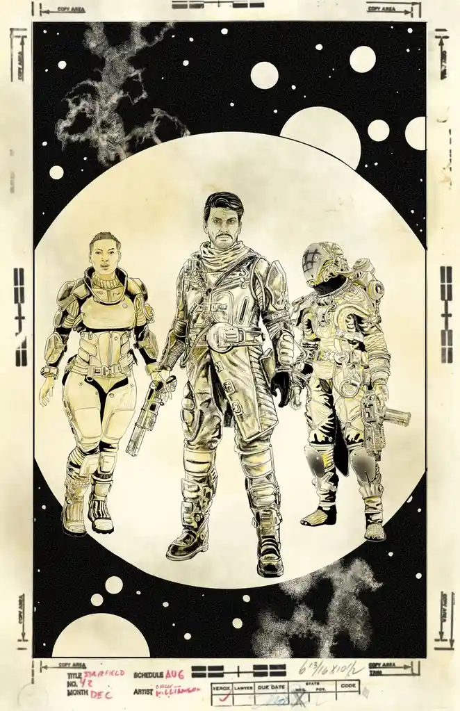 A black-and-white sci-fi illustration of three armored space characters standing against a starry background with planets…