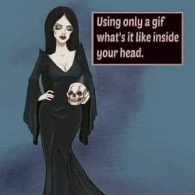 An illustration of a woman with long black hair, pale skin, and dark makeup, wearing a black gown and holding a skull. A…