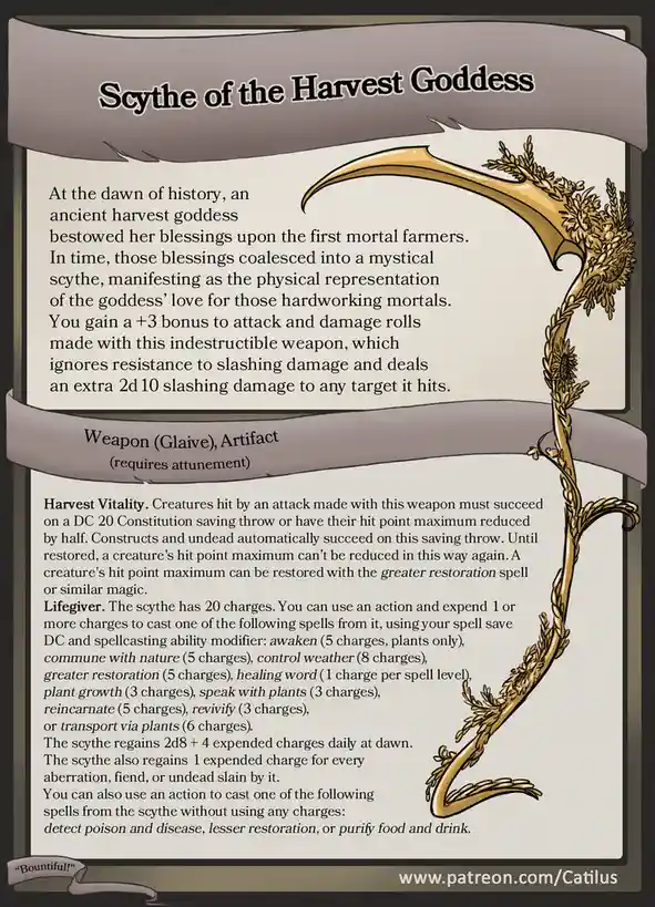 An illustrated fantasy weapon card titled 'Scythe of the Harvest Goddess' features a golden scythe decorated with wheat and…