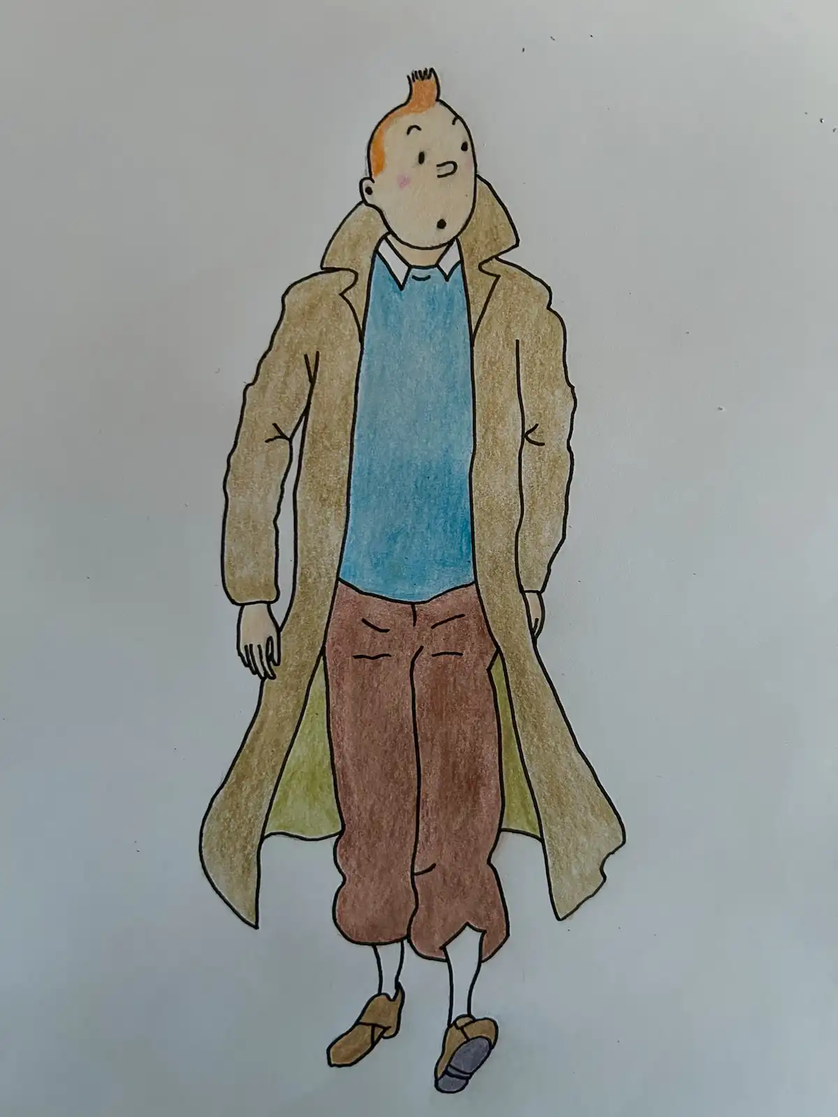 A hand-drawn illustration of the character Tintin, recognizable by his iconic orange quiff and simple facial features…