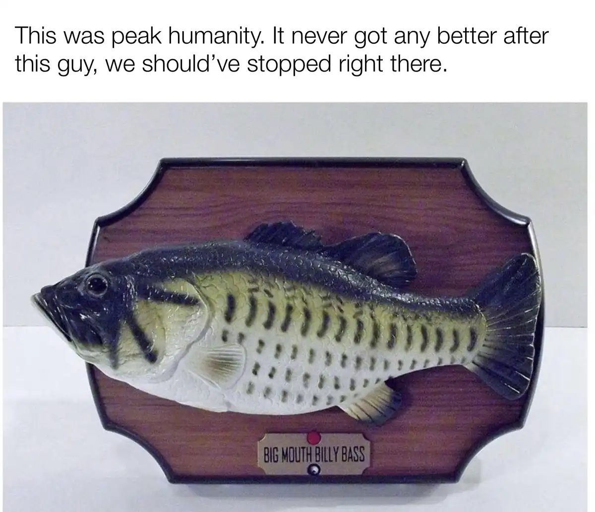 A three-dimensional fish trophy mounted on a dark wood plaque, labeled 'BIG MOUTH BILLY BASS'. The overlaid text reads…