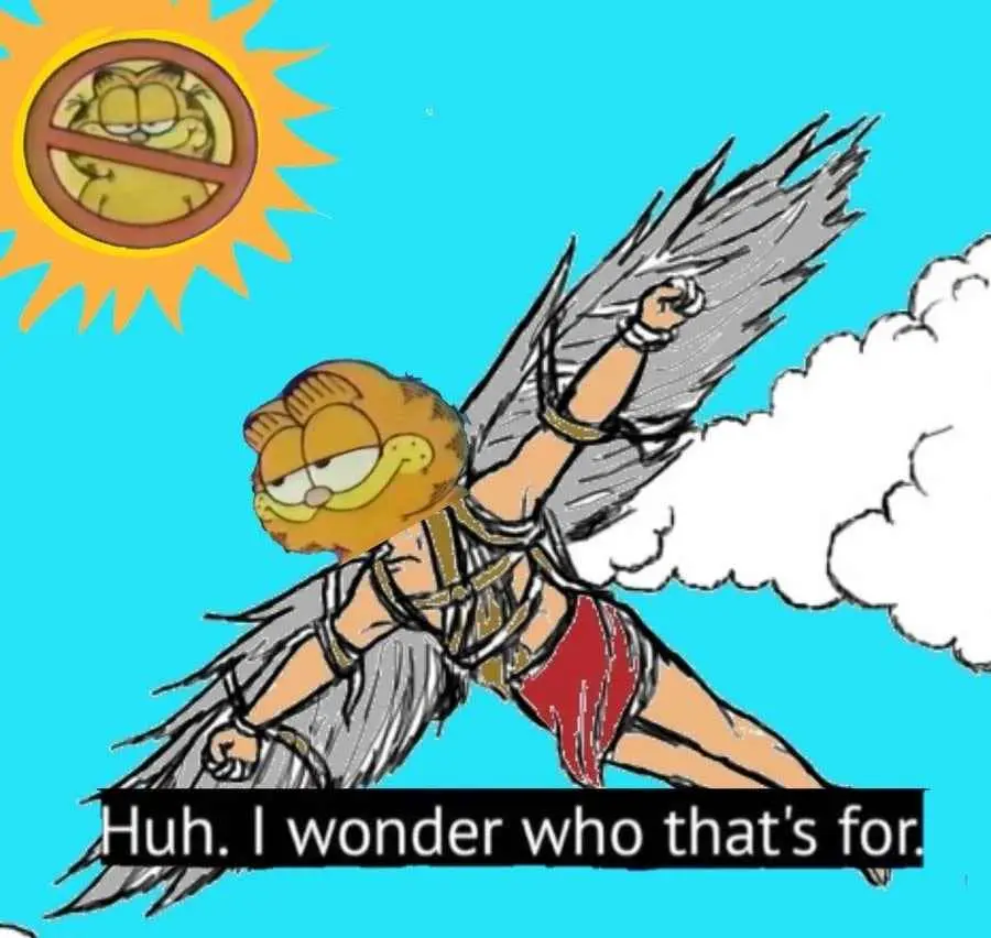 A cartoon angel with Garfield's head, wearing a red loincloth and grey wings, flies through a blue sky with white clouds. In…