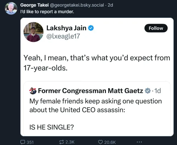A screenshot of a Twitter thread showing George Takei's tweet saying 'I'd like to report a murder,' followed by Lakshya…