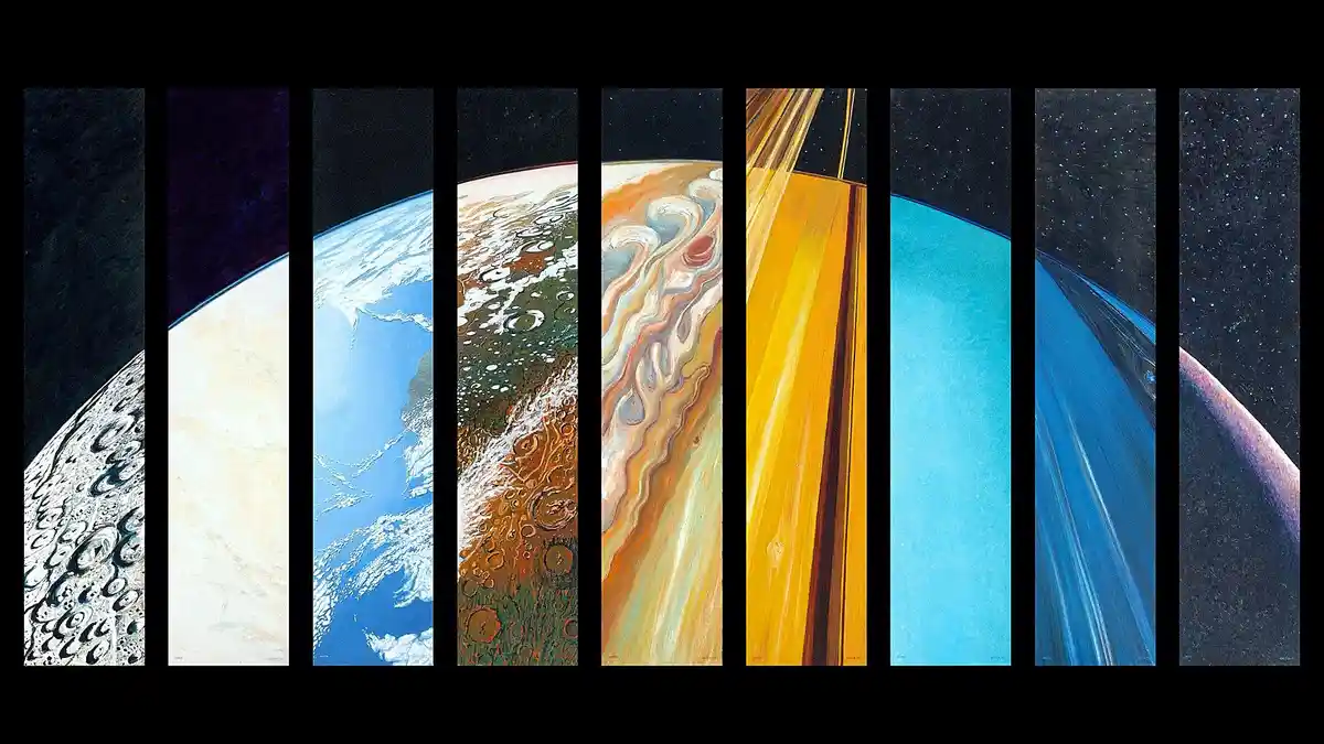 A vertical collage of eight space-themed paintings showing celestial bodies including the moon, Venus, Earth, Mars, Jupiter…