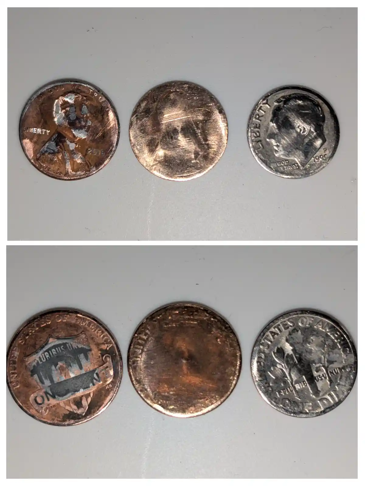 Two photos show three worn U.S. coins: a 2018 Lincoln penny, a heavily scratched copper coin, and a 1966 Roosevelt dime. The…