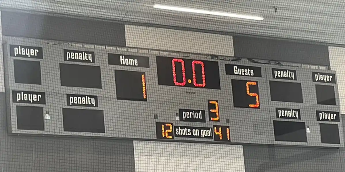 A close-up of a hockey scoreboard showing the home team with 1 goal and the guests with 5 goals, in the 3rd period with 0.0…