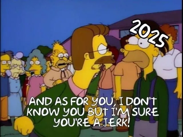 A still from The Simpsons shows a man with a mustache and glasses yelling at a crowd. The year '2025' is written above his…