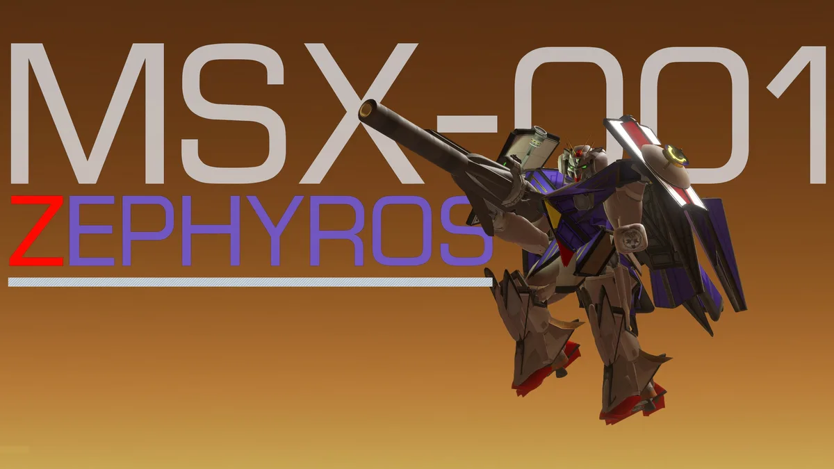 A stylized mecha robot, identified as MSX-001 ZEPHYROS, is shown in a dynamic pose against a gradient brown background. The…