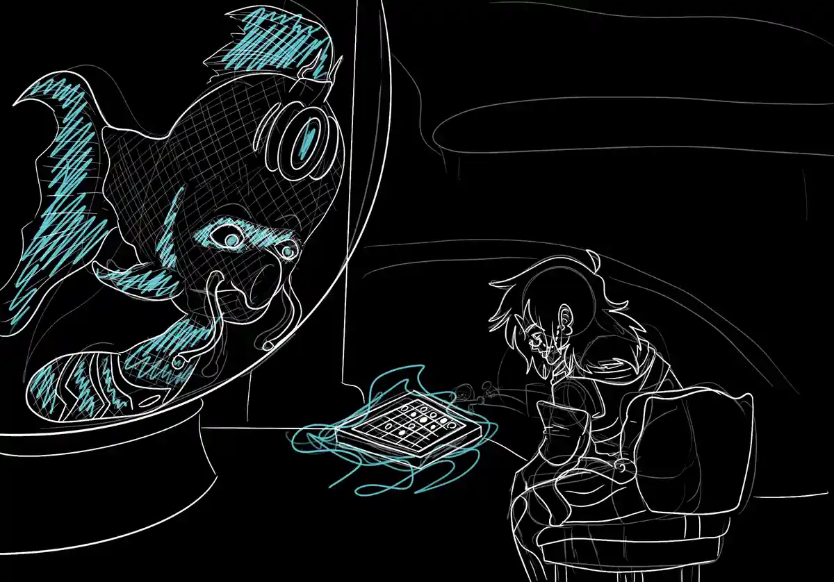 A stylized line-art drawing shows a person sitting in a chair, looking at a handheld game console with a disappointed…