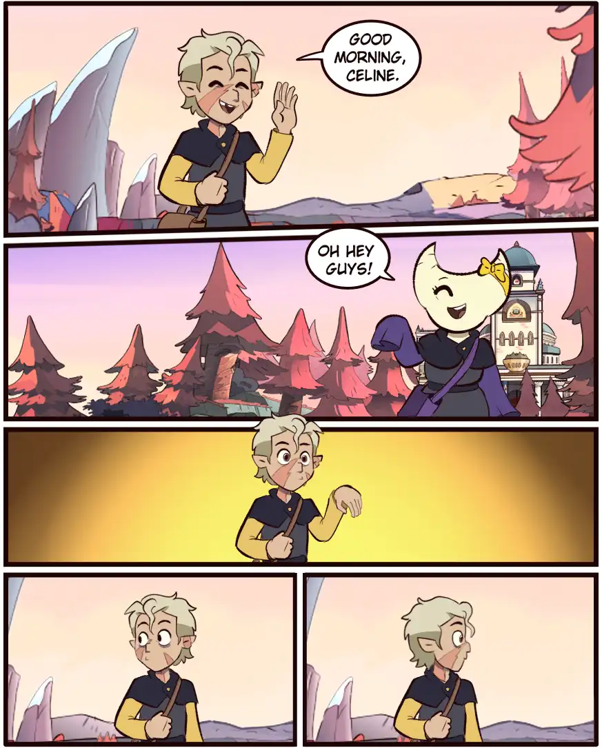 A four-panel comic strip from 'The Owl House' shows a male elf-like character greeting a female cat-like character named…