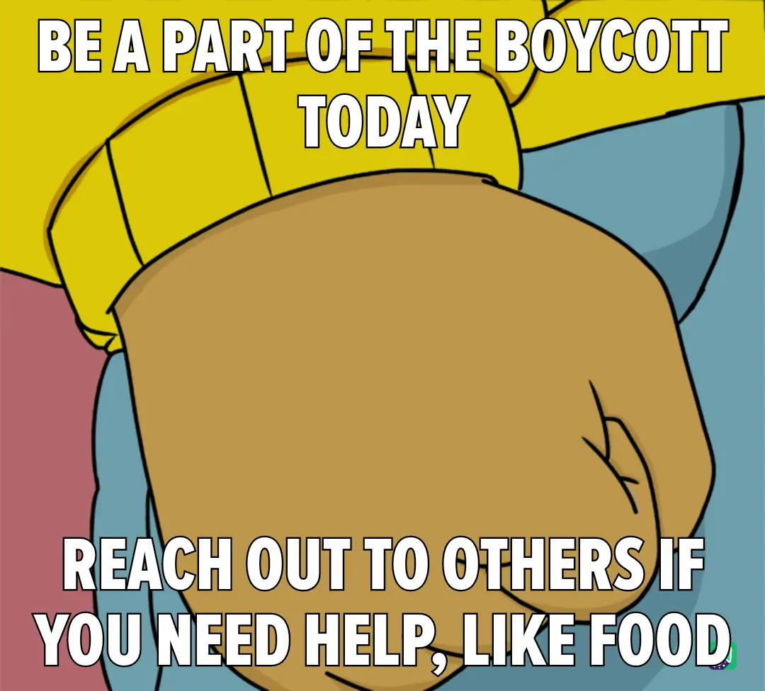 A close-up image of a cartoon character's clenched fist, wearing a yellow shirt and blue pants, with bold white text…