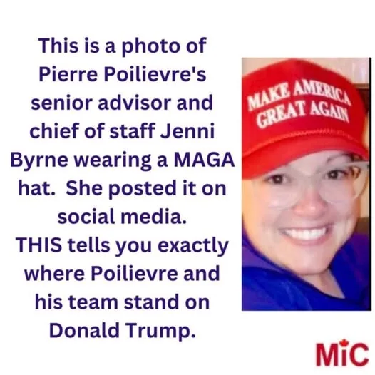 A woman with glasses and a blue shirt wears a red 'MAKE AMERICA GREAT AGAIN' hat. Text on the left states this is Jenni…