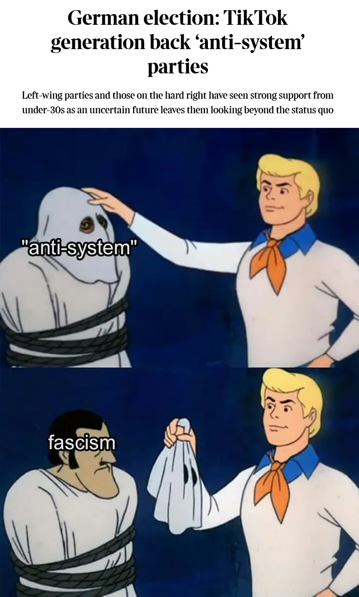 The image is a two-panel cartoon featuring a blonde man in a white shirt and orange neckerchief. In the top panel, he gently…