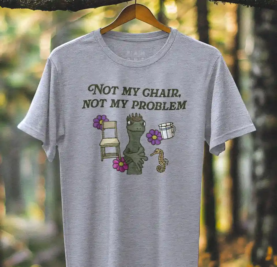 A gray t-shirt hangs on a wooden hanger outdoors, featuring the text 'NOT MY CHAIR, NOT MY PROBLEM' above a cartoon…