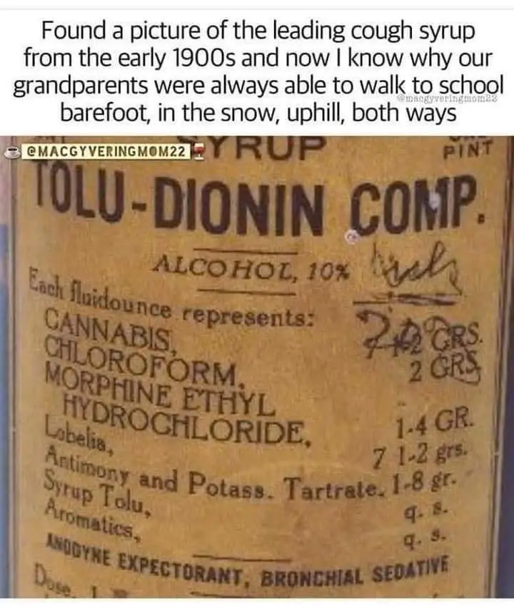 An old, yellowed label for 'TOLU-DIONIN COMP.' cough syrup from the early 1900s, listing ingredients like cannabis…